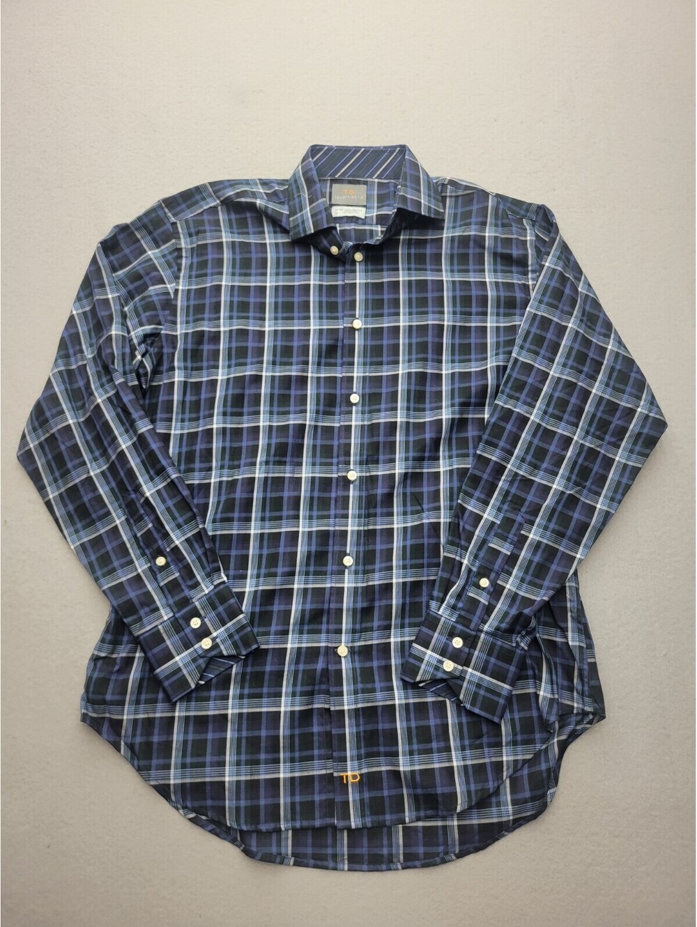 Thomas Dean Mens Button-Up Medium Blue/White Long Sleeve Plaid Cotton Knit Work